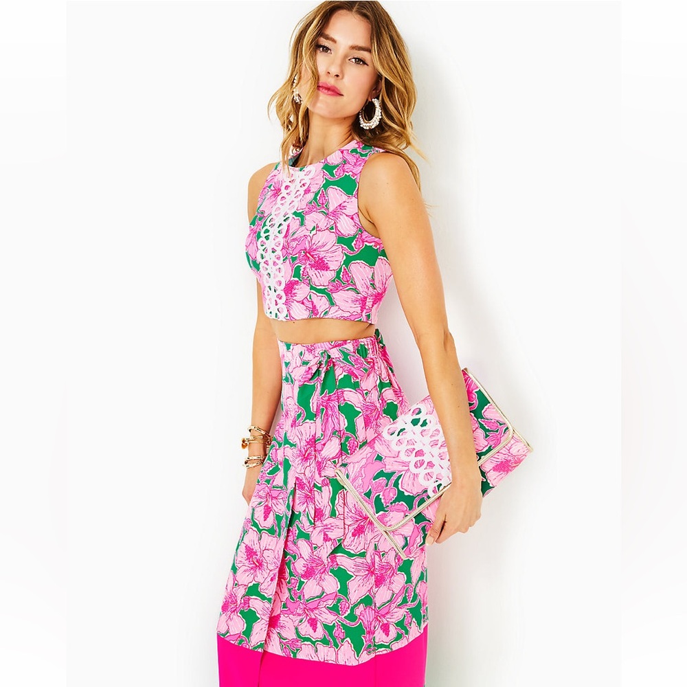 Lilly Pulitzer Leif Maxi Set Hibis Kiss Pink Green Size 8 - Picture 4 of 16